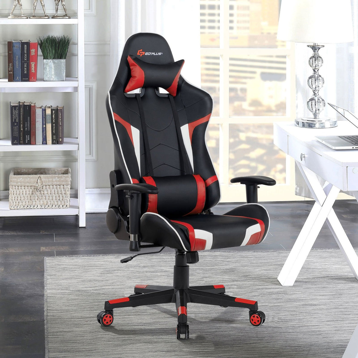 Reclining Swivel Massage Gaming Chair with Lumbar Support-Red view 2