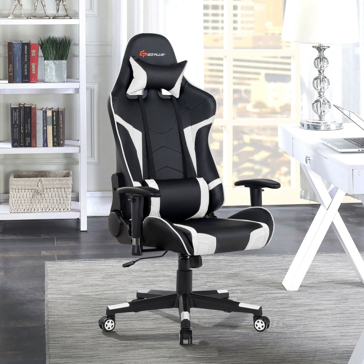 Reclining Swivel Massage Gaming Chair with Lumbar Support-White view 2