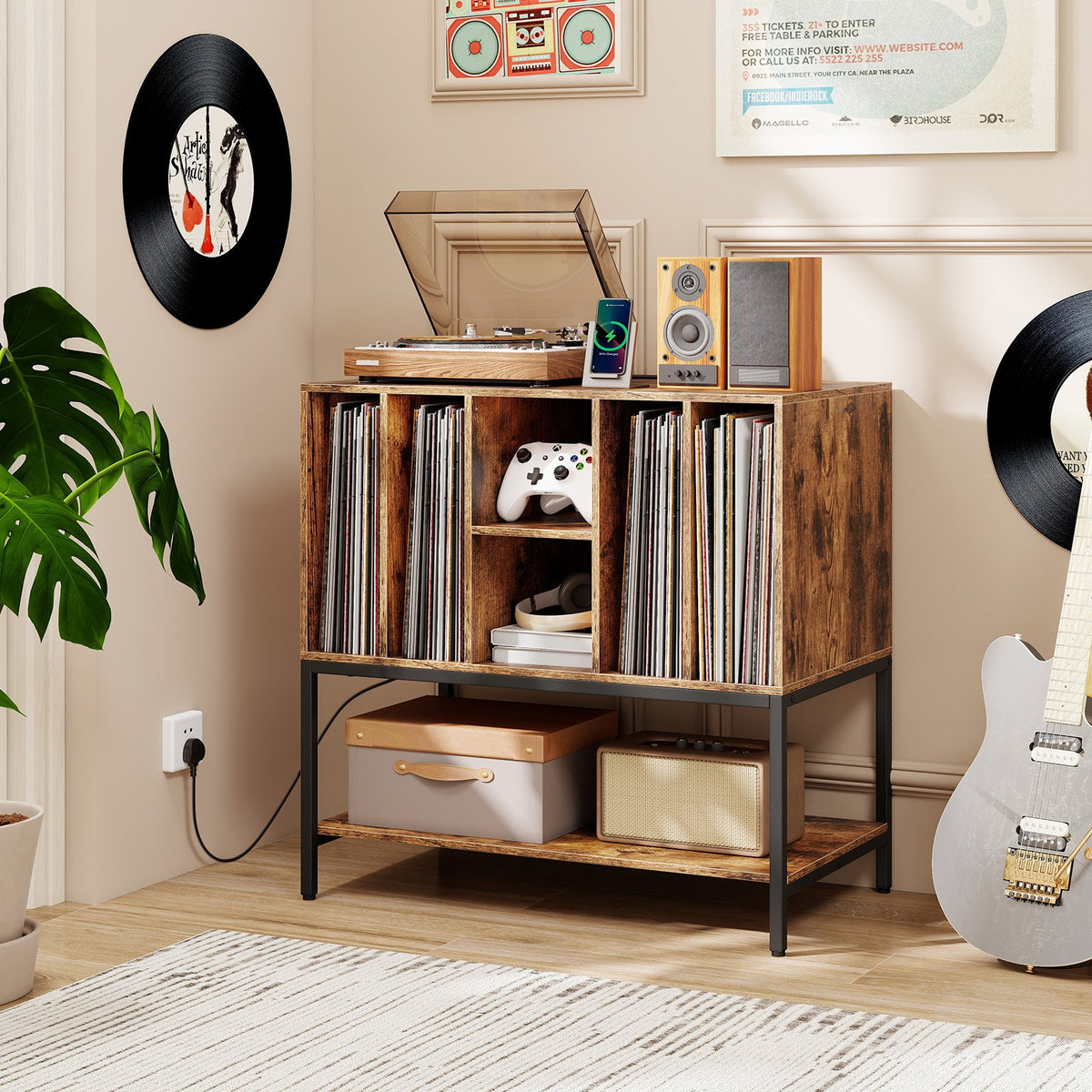 Record Player Stand with Charging Station and Metal Frame-Rustic Brown view 2