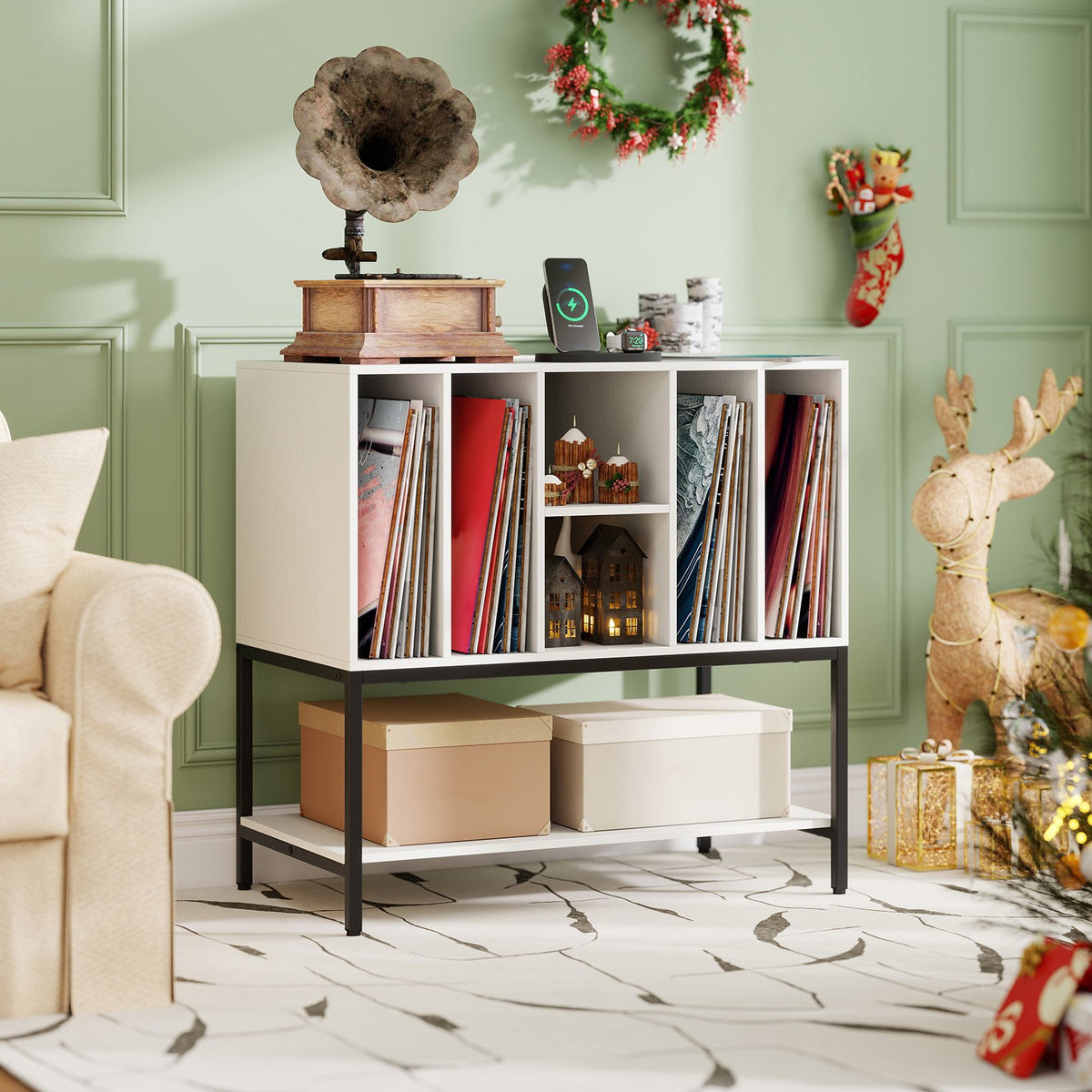 Record Player Stand with Charging Station and Metal Frame-White view 3