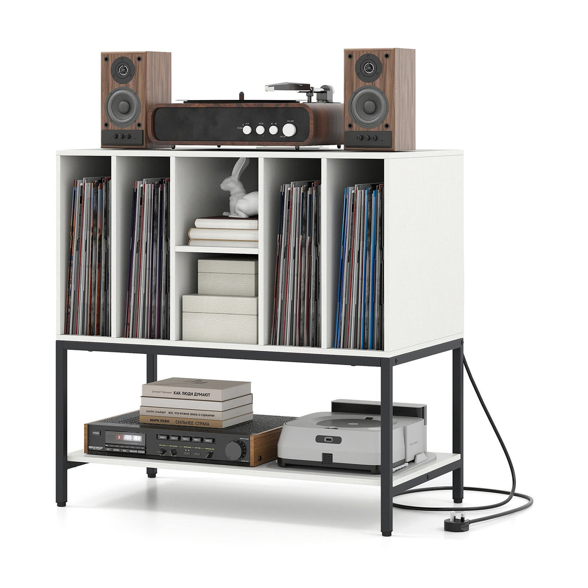 Record Player Stand with Charging Station and Metal Frame-White view 4