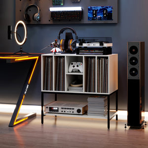Record Player Stand with Charging Station and Metal Frame-White view 6