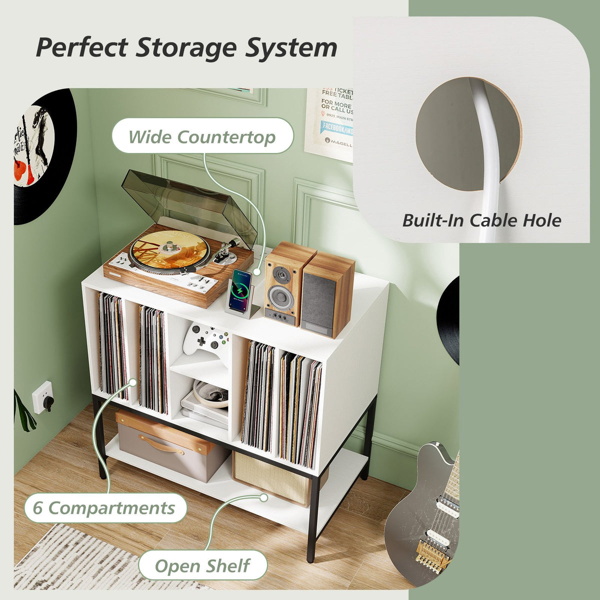Record Player Stand with Charging Station and Metal Frame-White view 7