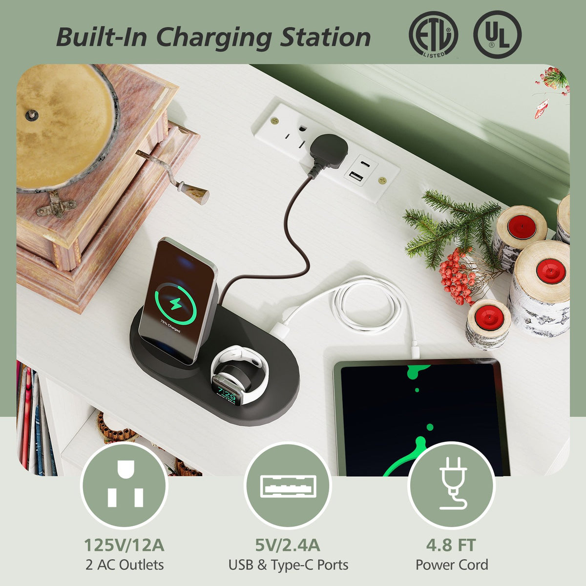 Record Player Stand with Charging Station and Metal Frame-White view 8