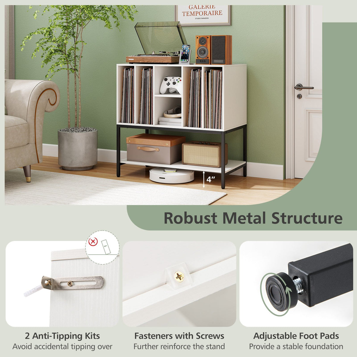 Record Player Stand with Charging Station and Metal Frame-White view 9
