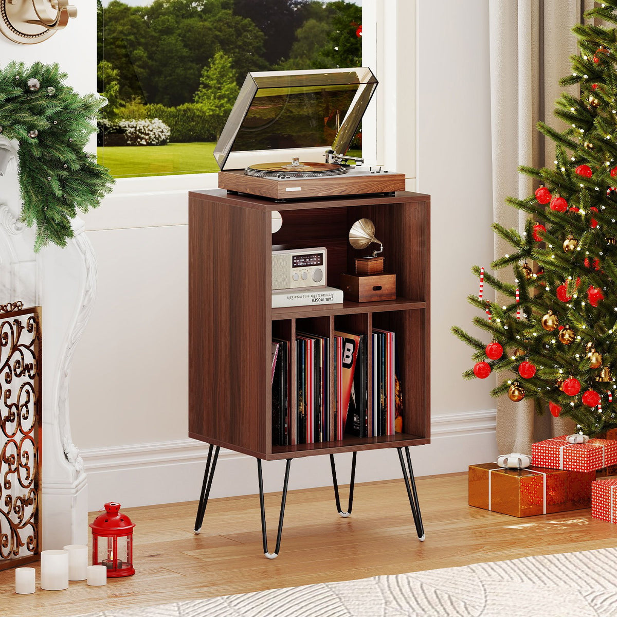 Record Player Stand with Charging Station Turntable Stand with Vinyl Storage-Walnut view 2