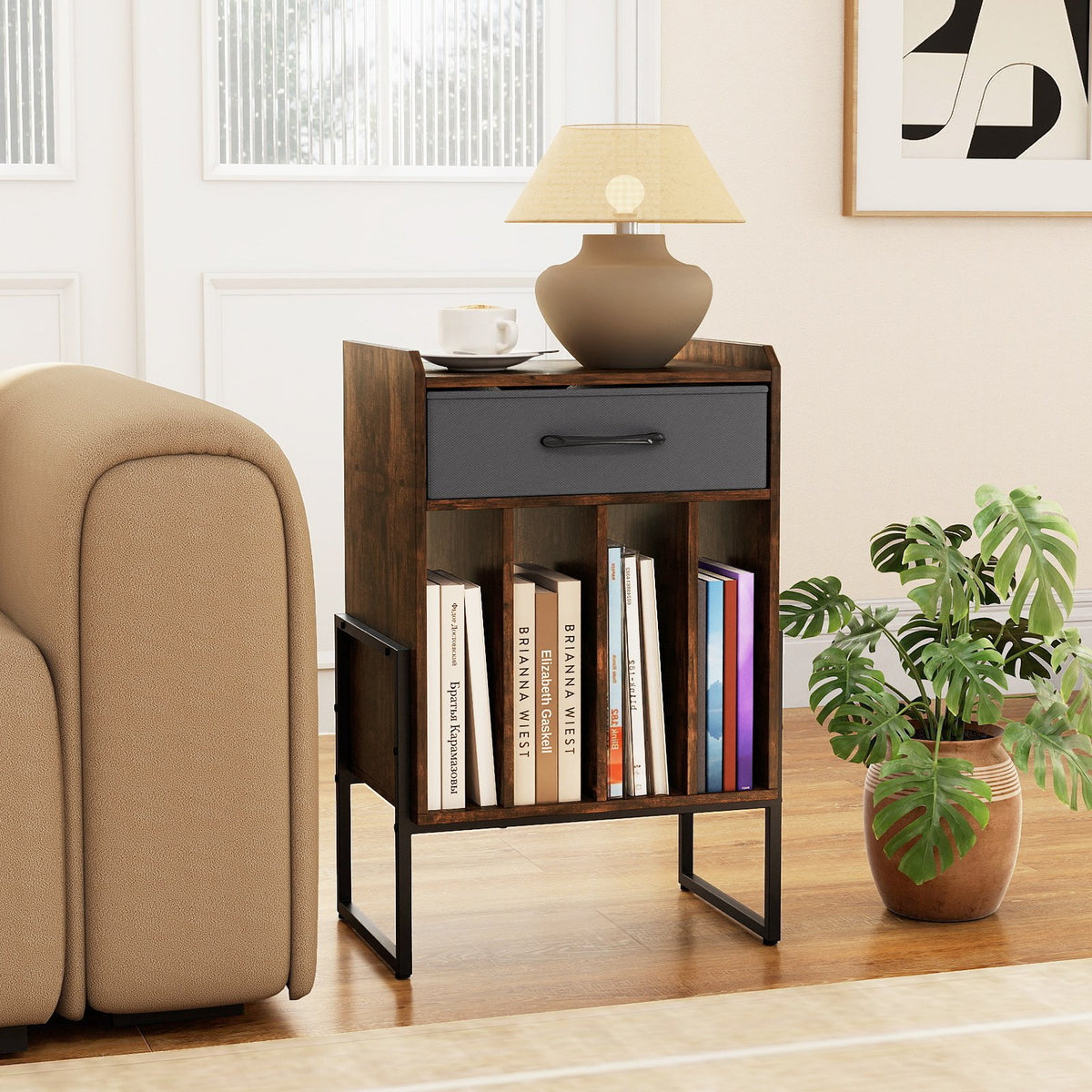 Record Player Stand with Drawer and Record Holder-Rustic Brown view 2