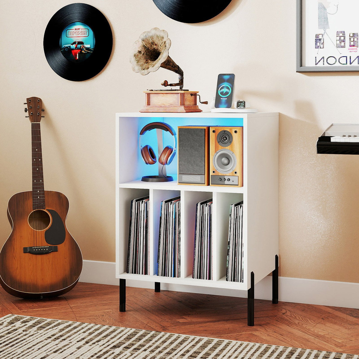 Record Player Stand with LED Light and Charging Station-White view 2