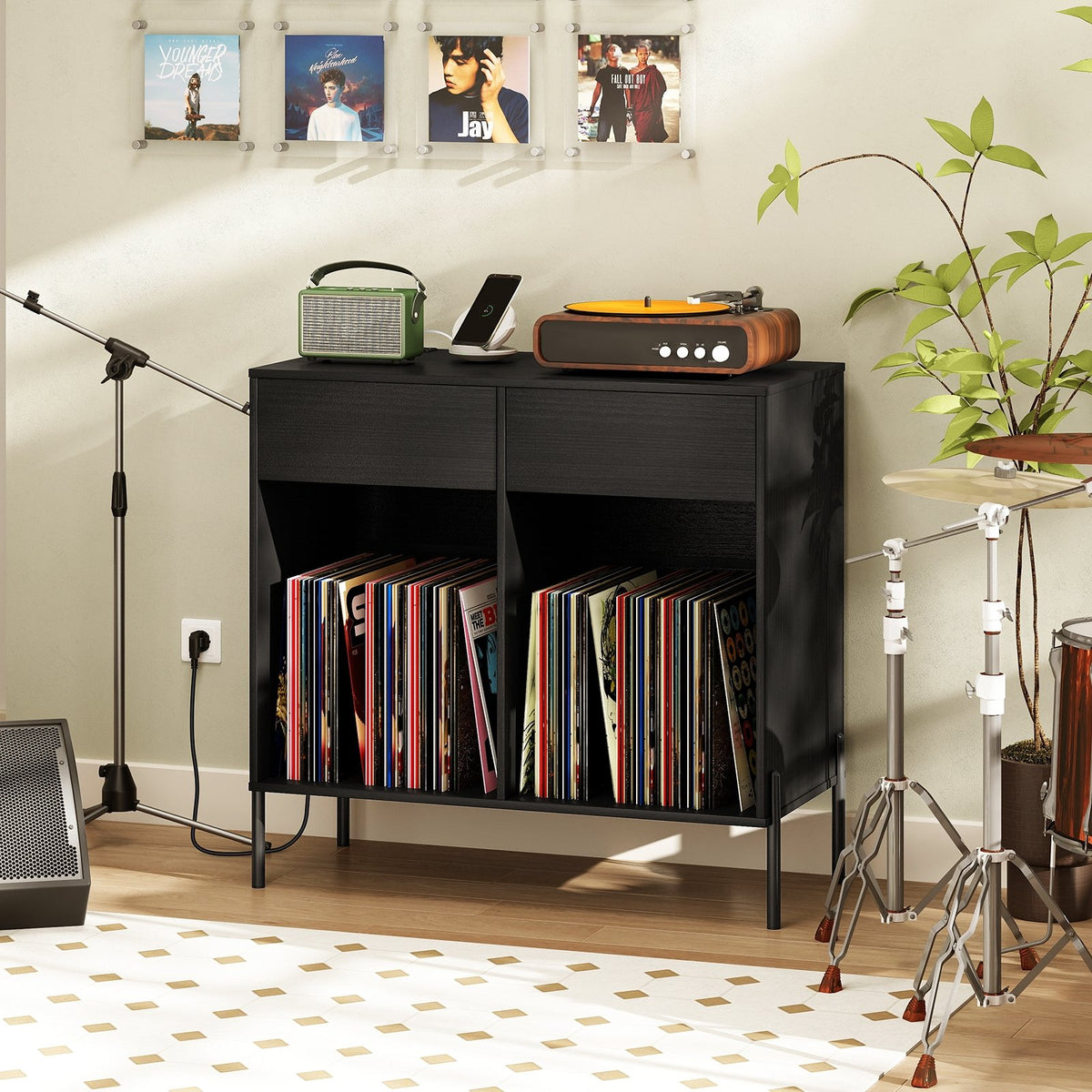 Record Player Stand with Power Outlets Double Wide Turntable Stand Vinyl Record Storage Table-Black view 2