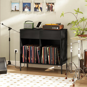 Record Player Stand with Power Outlets Double Wide Turntable Stand Vinyl Record Storage Table-Black view 2