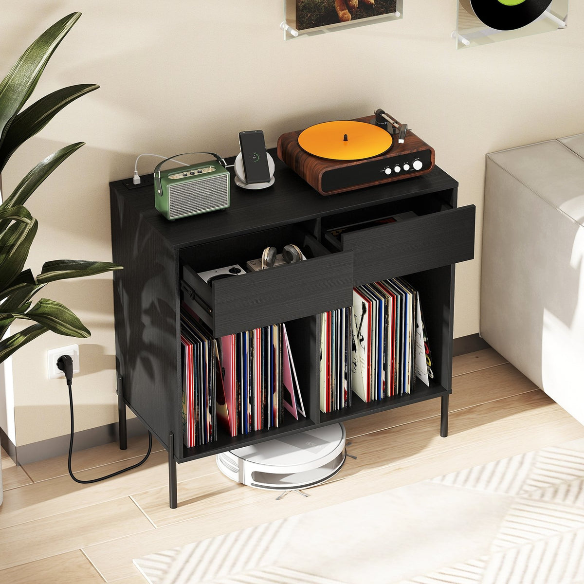 Record Player Stand with Power Outlets Double Wide Turntable Stand Vinyl Record Storage Table-Black view 3
