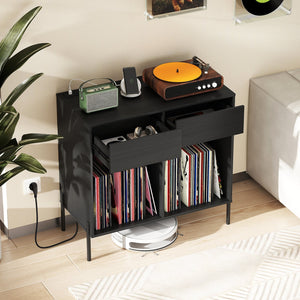 Record Player Stand with Power Outlets Double Wide Turntable Stand Vinyl Record Storage Table-Black view 3