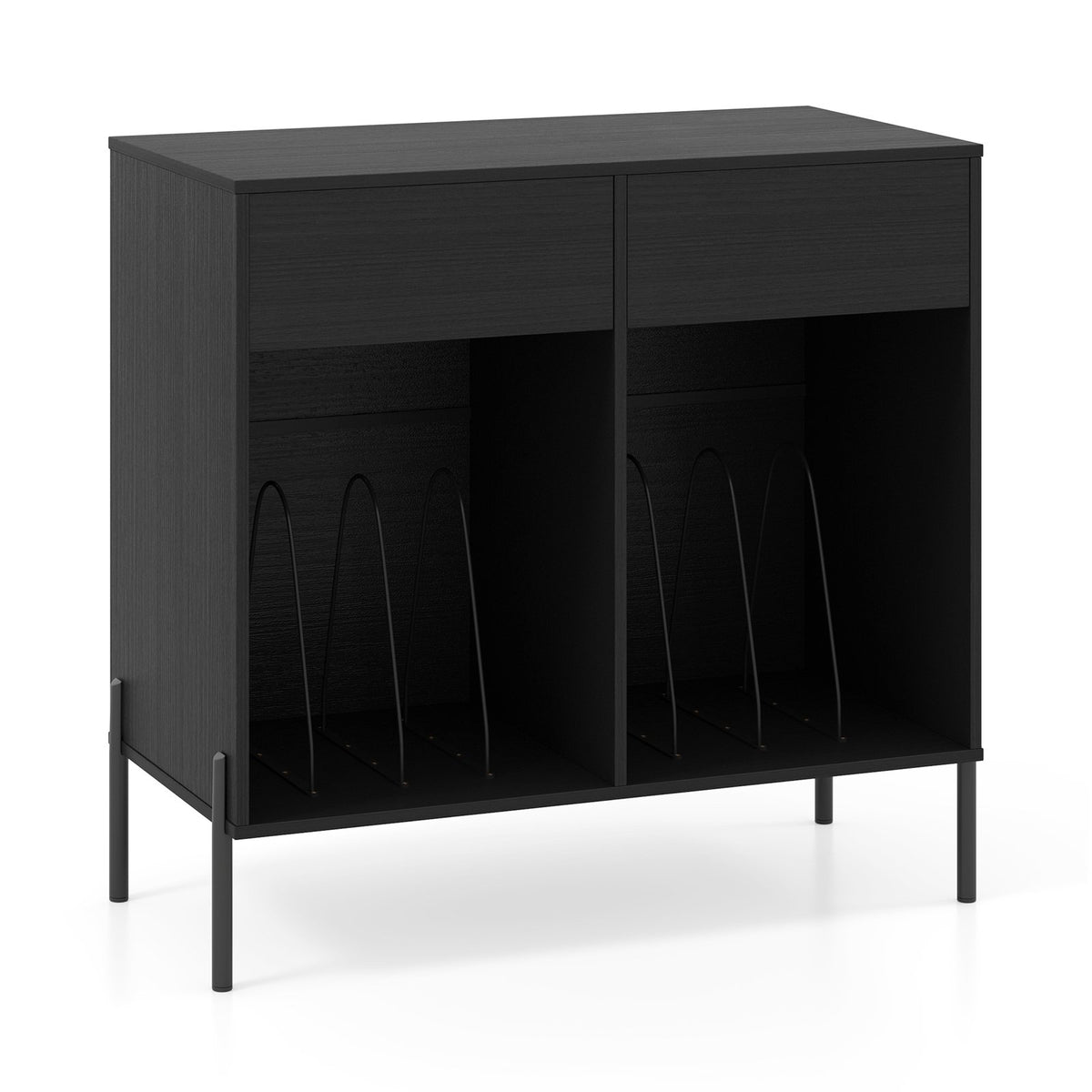 Record Player Stand with Power Outlets Double Wide Turntable Stand Vinyl Record Storage Table-Black view 4