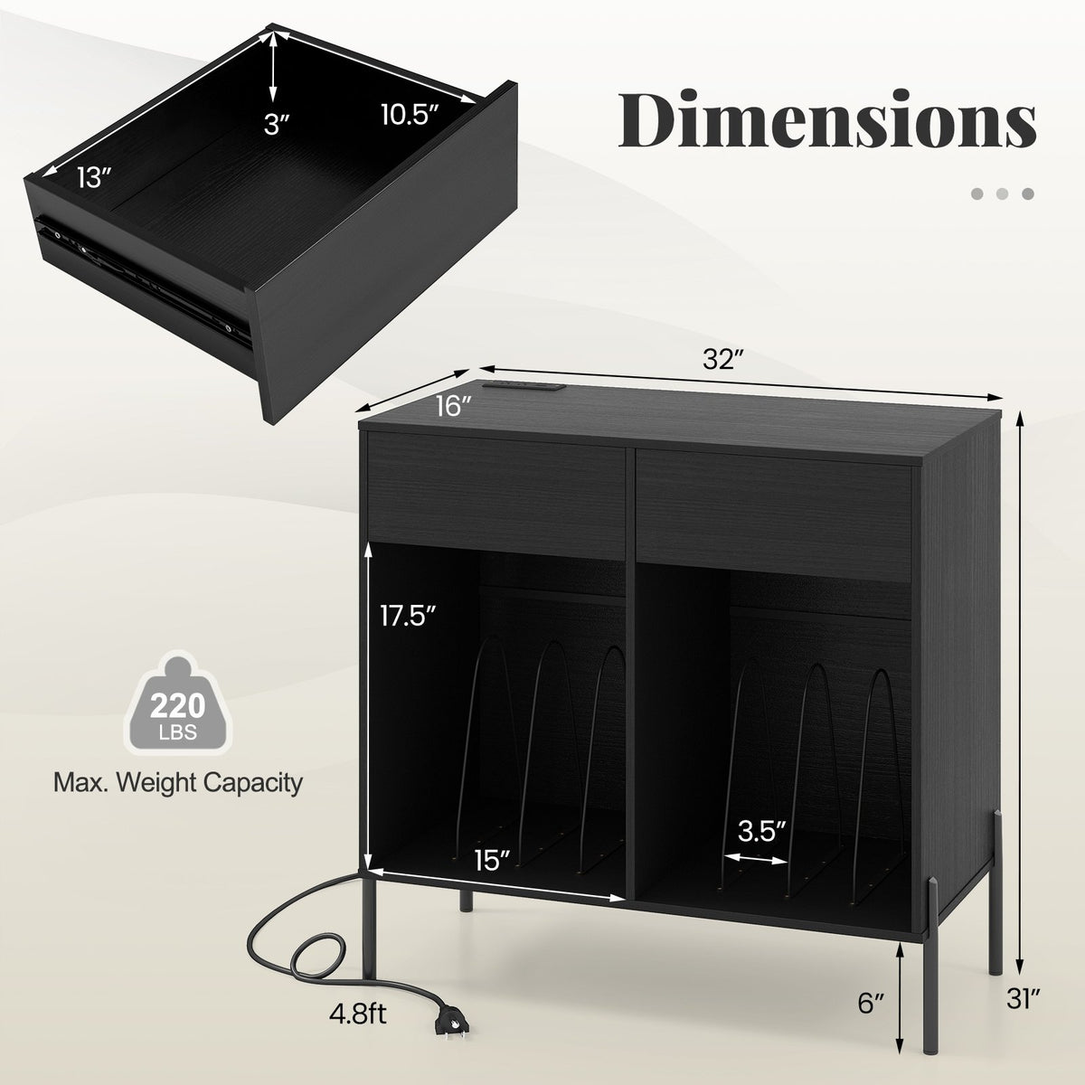 Record Player Stand with Power Outlets Double Wide Turntable Stand Vinyl Record Storage Table-Black view 5