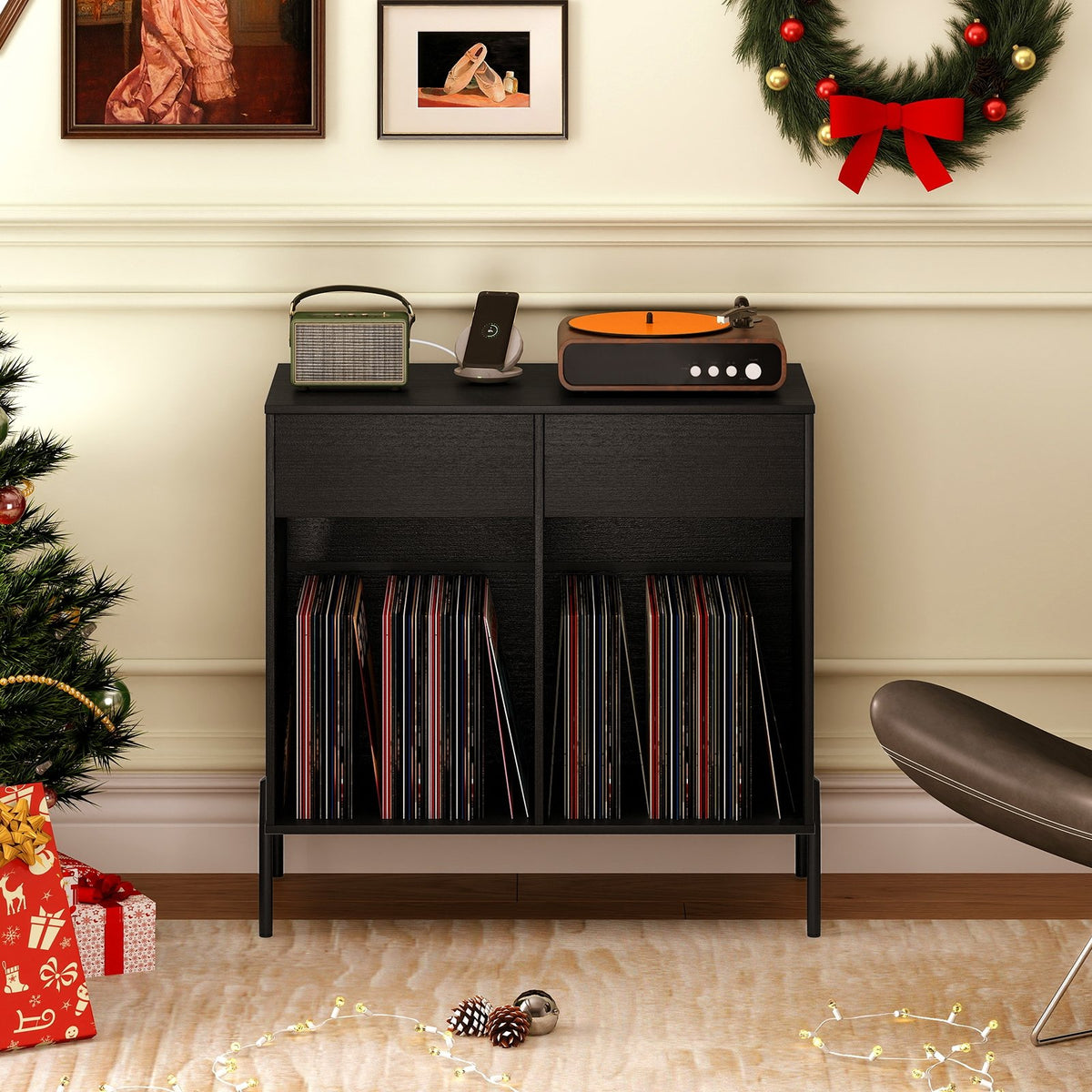 Record Player Stand with Power Outlets Double Wide Turntable Stand Vinyl Record Storage Table-Black view 6