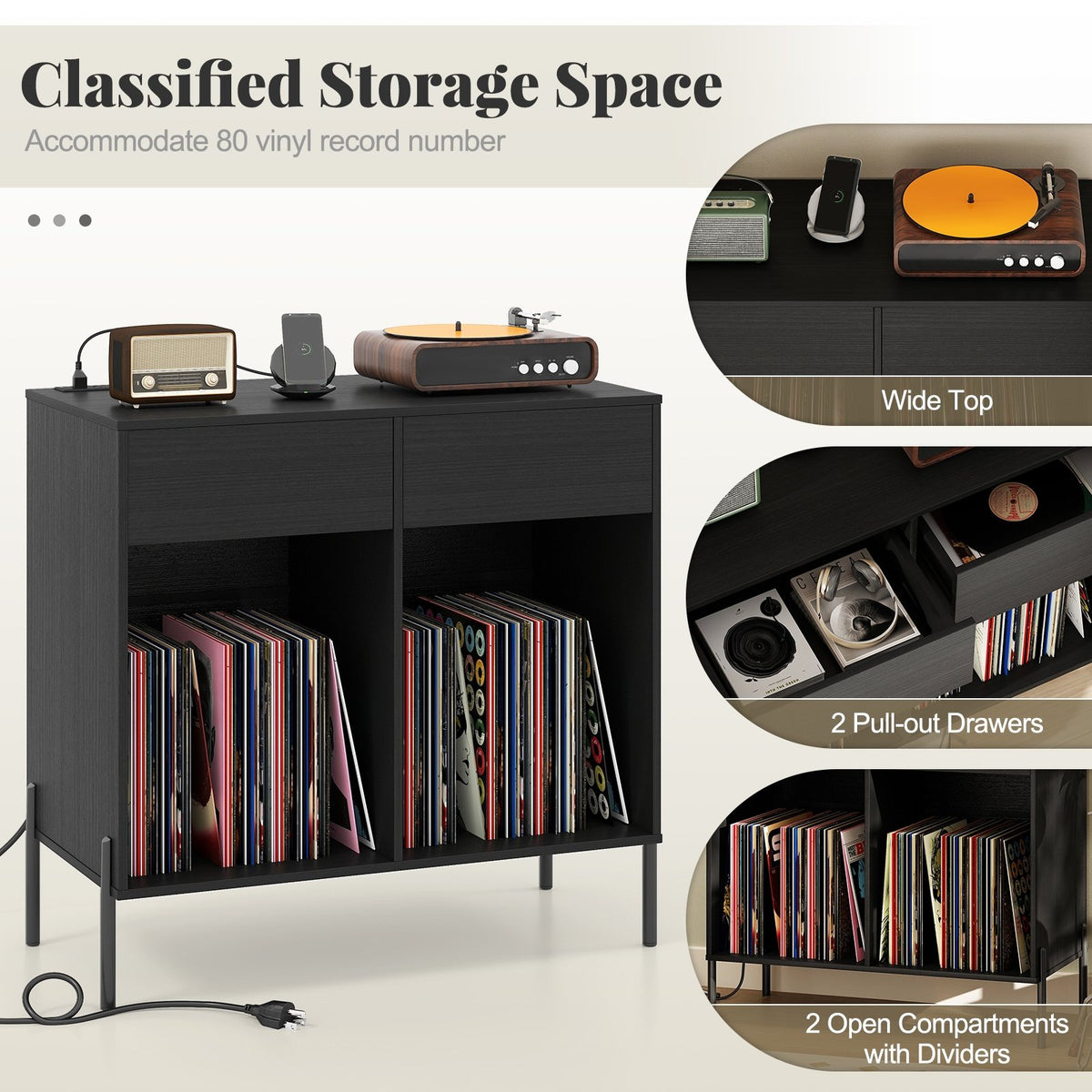 Record Player Stand with Power Outlets Double Wide Turntable Stand Vinyl Record Storage Table-Black view 7