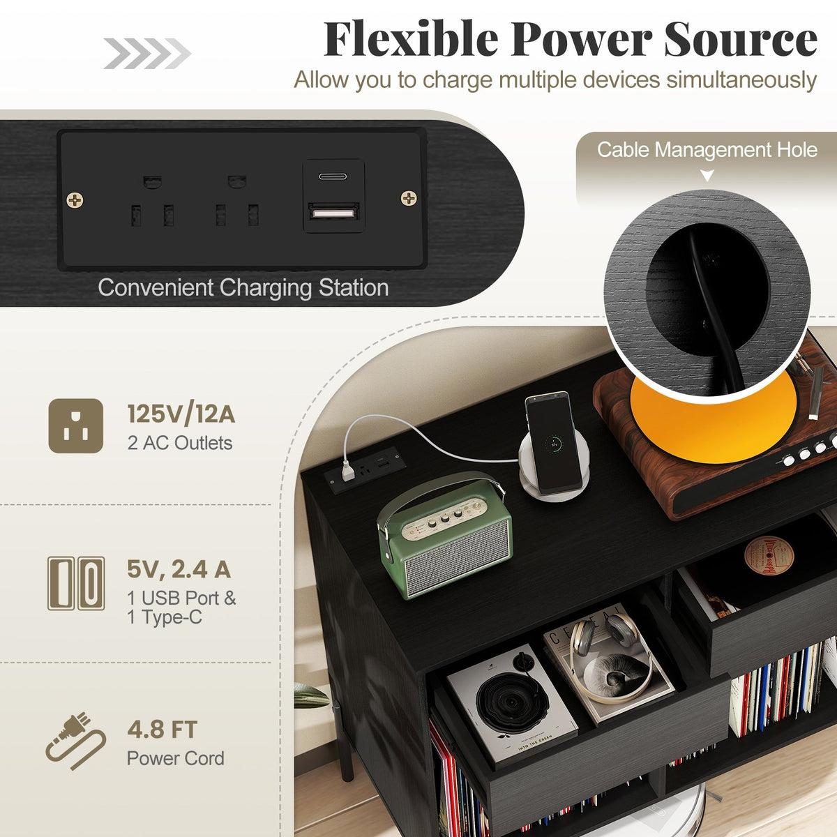 Record Player Stand with Power Outlets Double Wide Turntable Stand Vinyl Record Storage Table-Black view 9