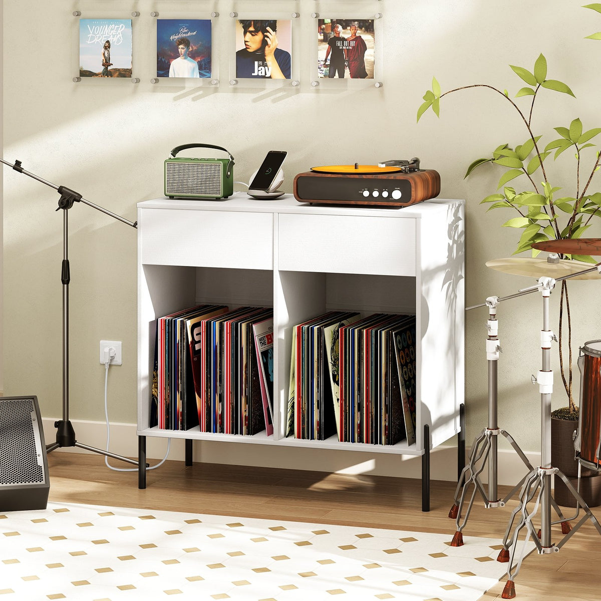 Record Player Stand with Power Outlets Double Wide Turntable Stand Vinyl Record Storage Table-White view 2