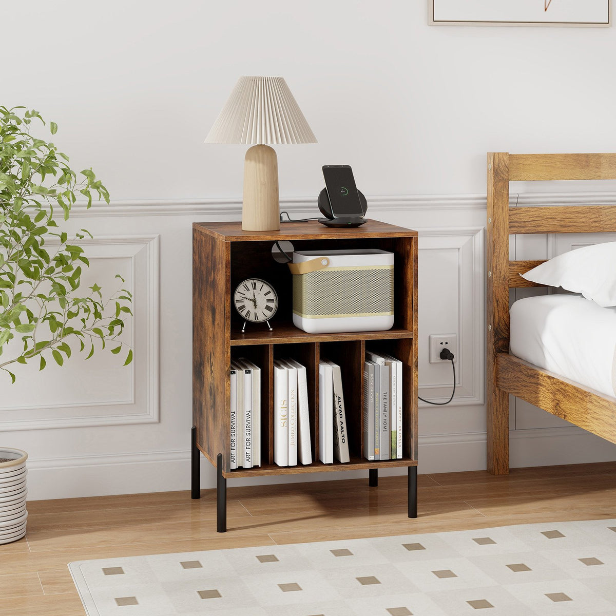 Record Player Stand with Record Storage Shelf and Charging Station-Coffee view 2
