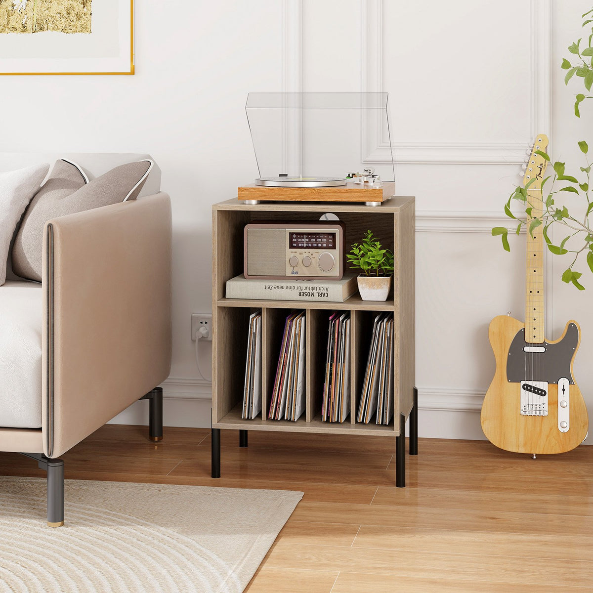 Record Player Stand with Record Storage Shelf and Charging Station-Natural view 3
