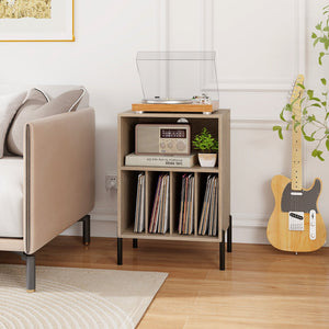 Record Player Stand with Record Storage Shelf and Charging Station-Natural view 3