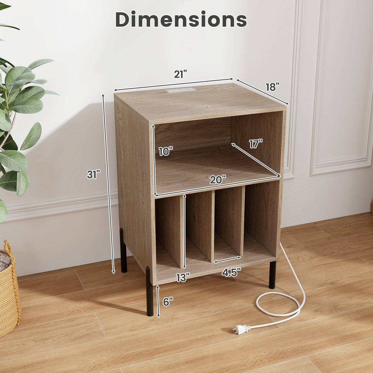 Record Player Stand with Record Storage Shelf and Charging Station-Natural view 5