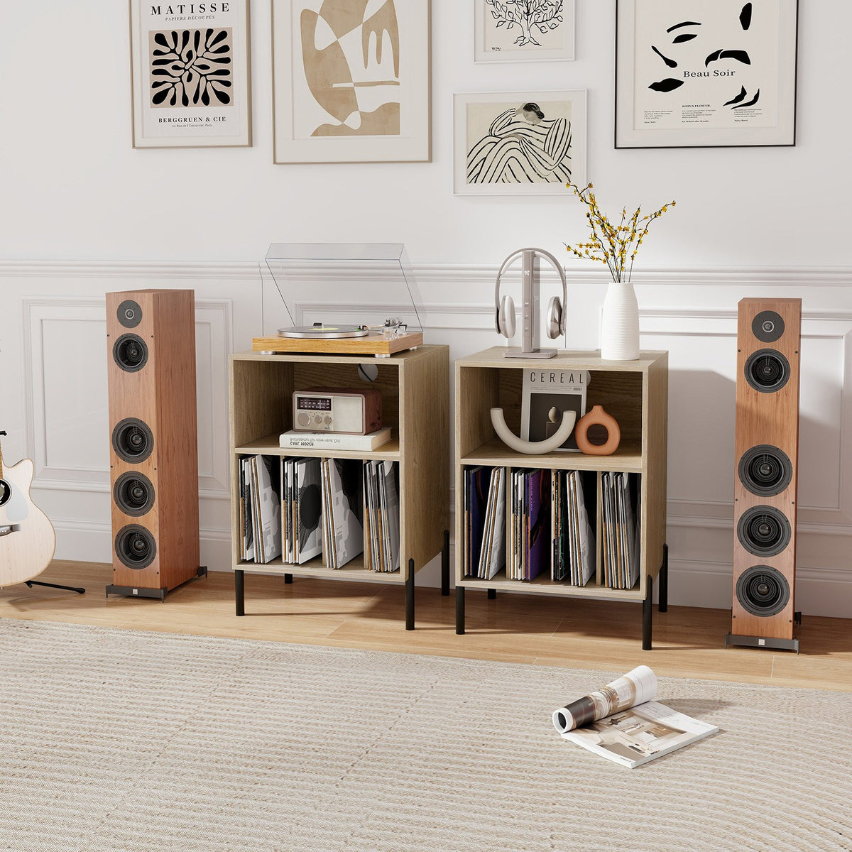 Record Player Stand with Record Storage Shelf and Charging Station-Natural view 6