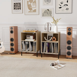 Record Player Stand with Record Storage Shelf and Charging Station-Natural view 6