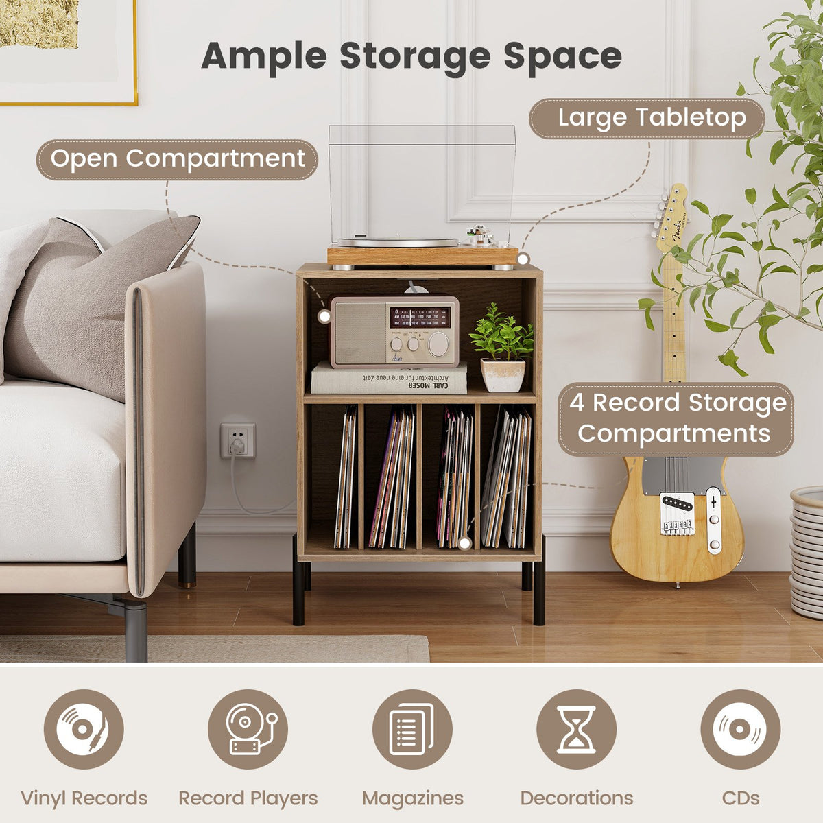 Record Player Stand with Record Storage Shelf and Charging Station-Natural view 7
