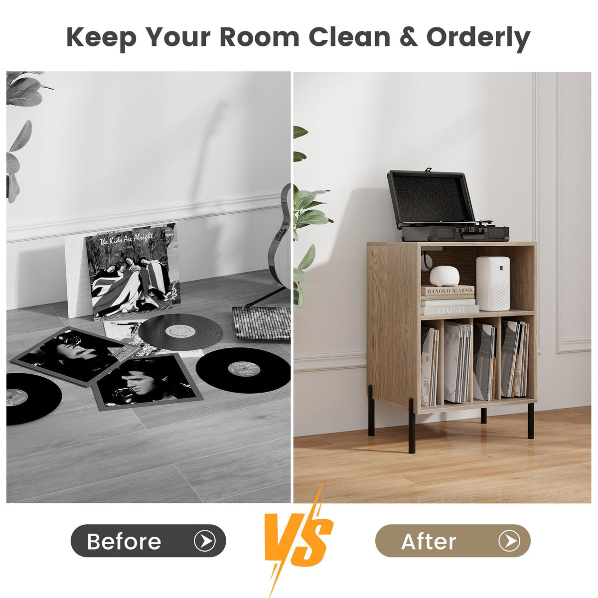 Record Player Stand with Record Storage Shelf and Charging Station-Natural view 8