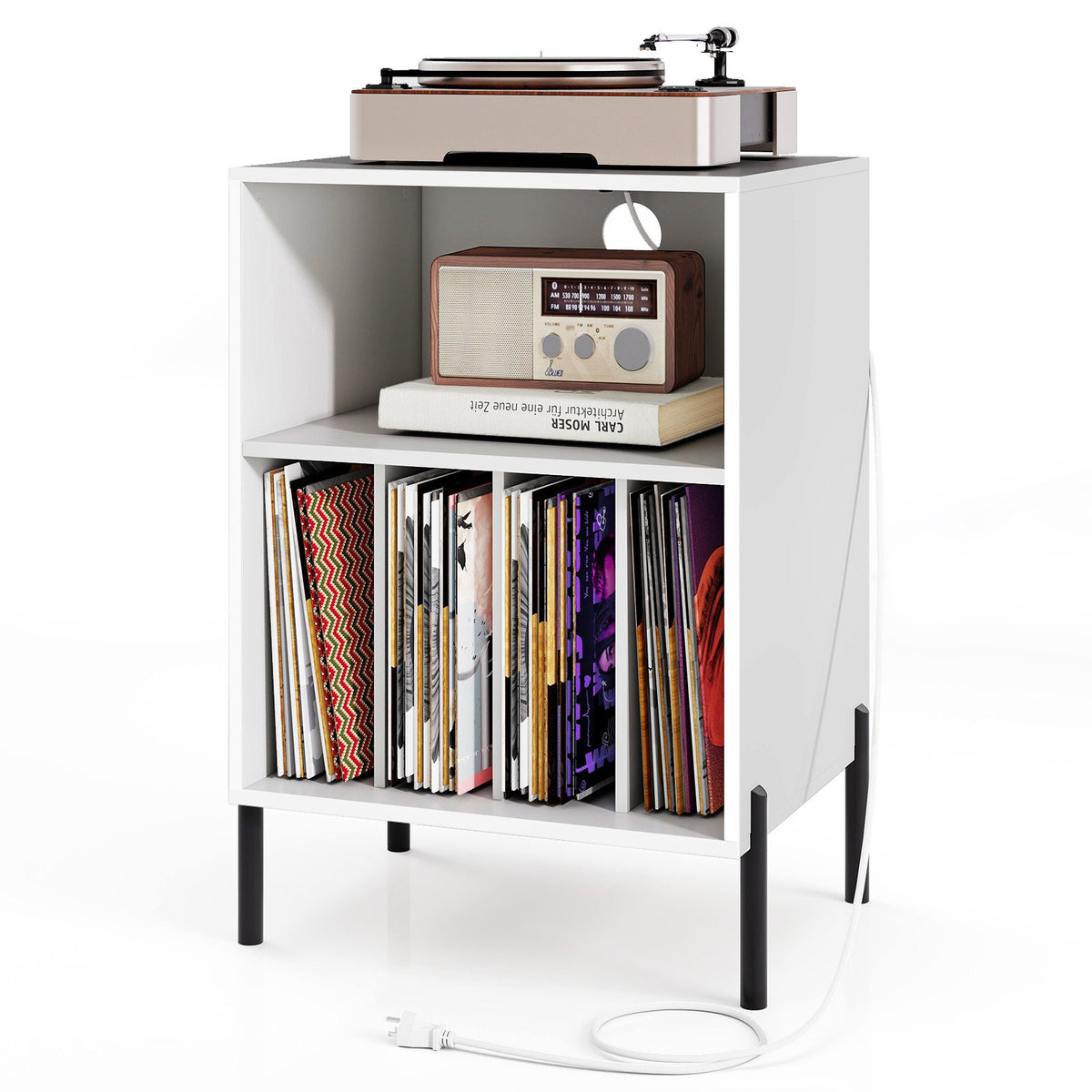 Record Player Stand with Record Storage Shelf and Charging Station-White view 4