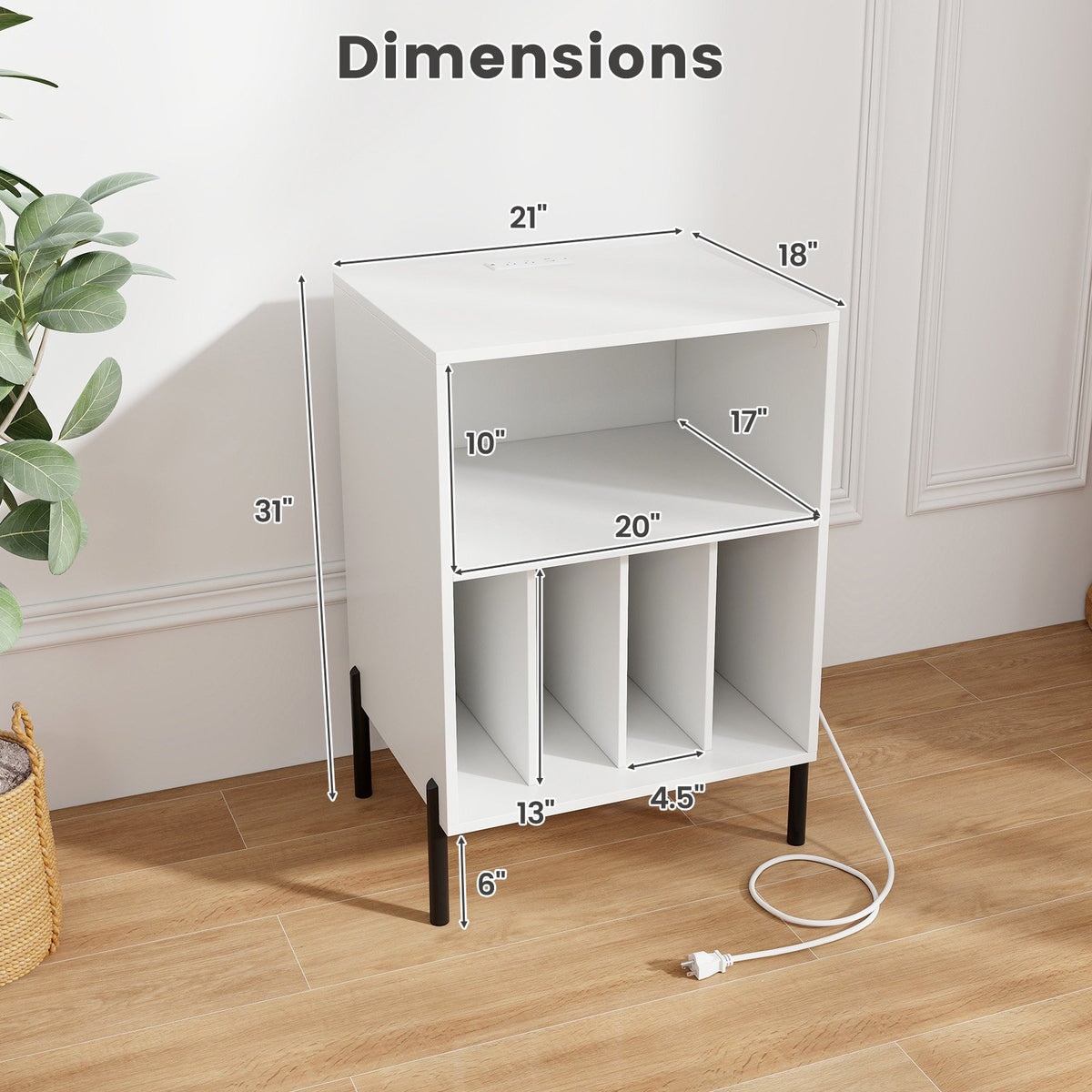 Record Player Stand with Record Storage Shelf and Charging Station-White view 5