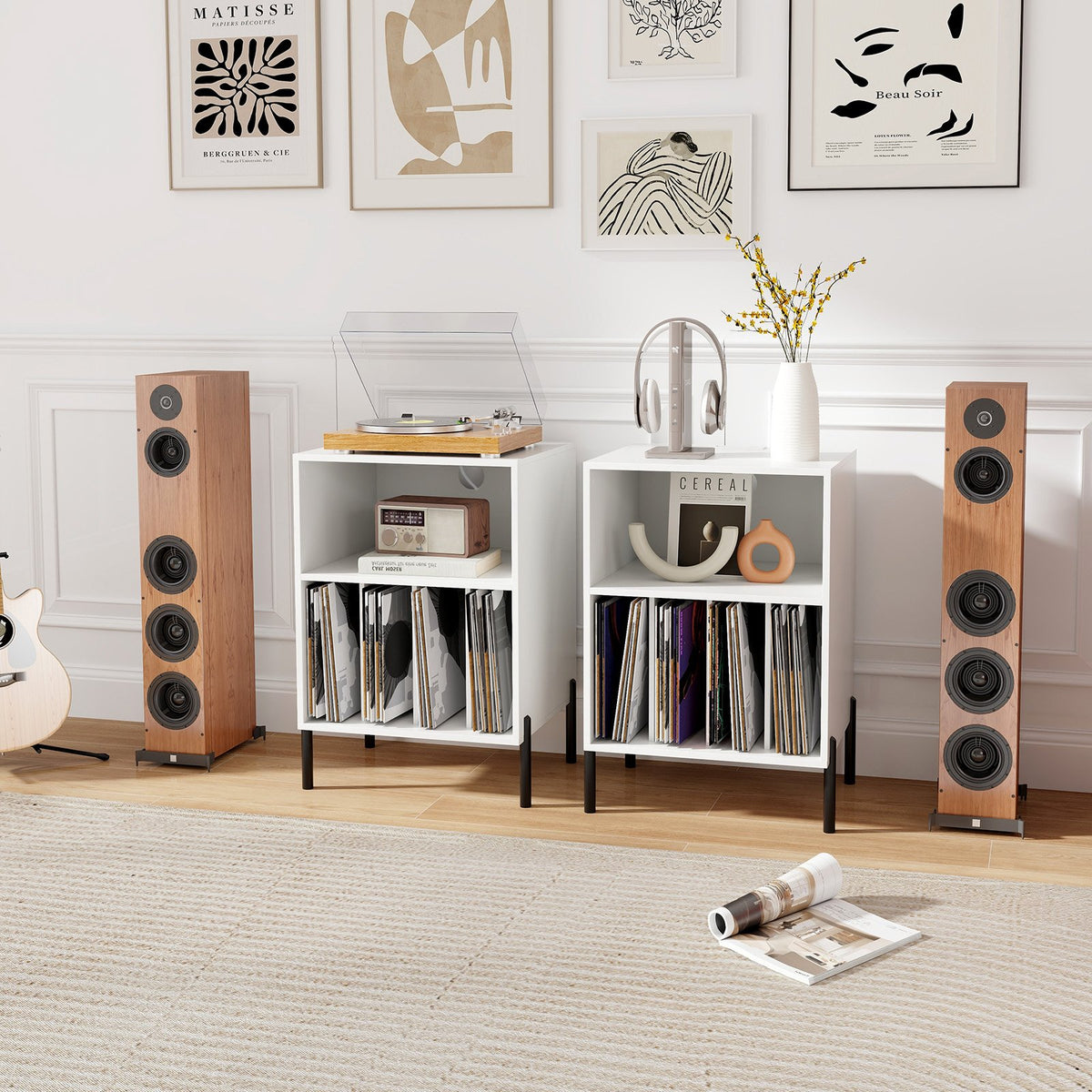 Record Player Stand with Record Storage Shelf and Charging Station-White view 6