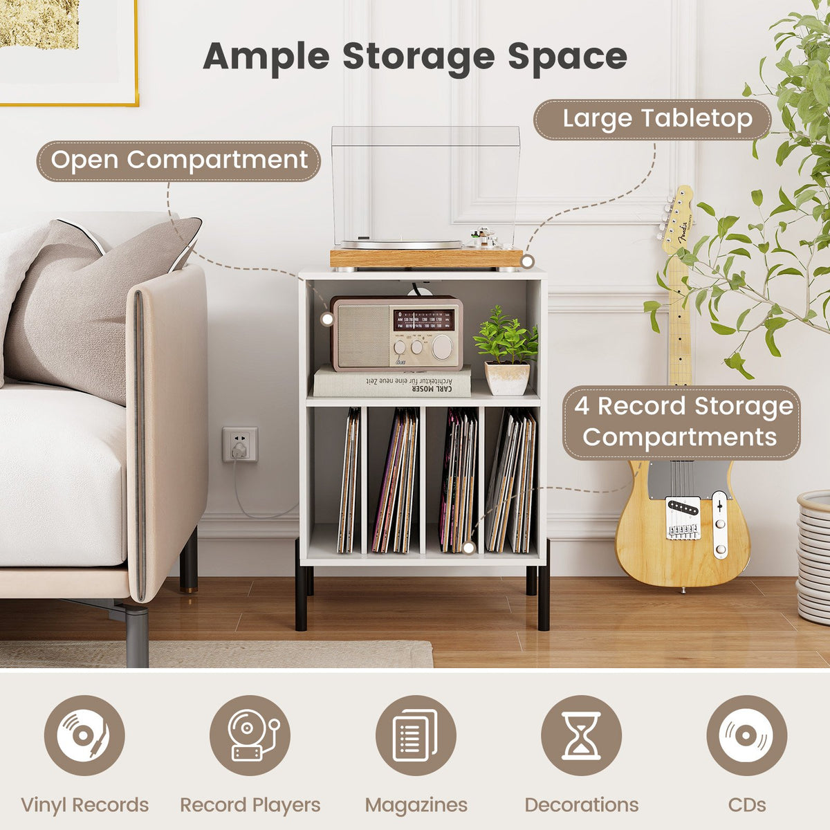 Record Player Stand with Record Storage Shelf and Charging Station-White view 8