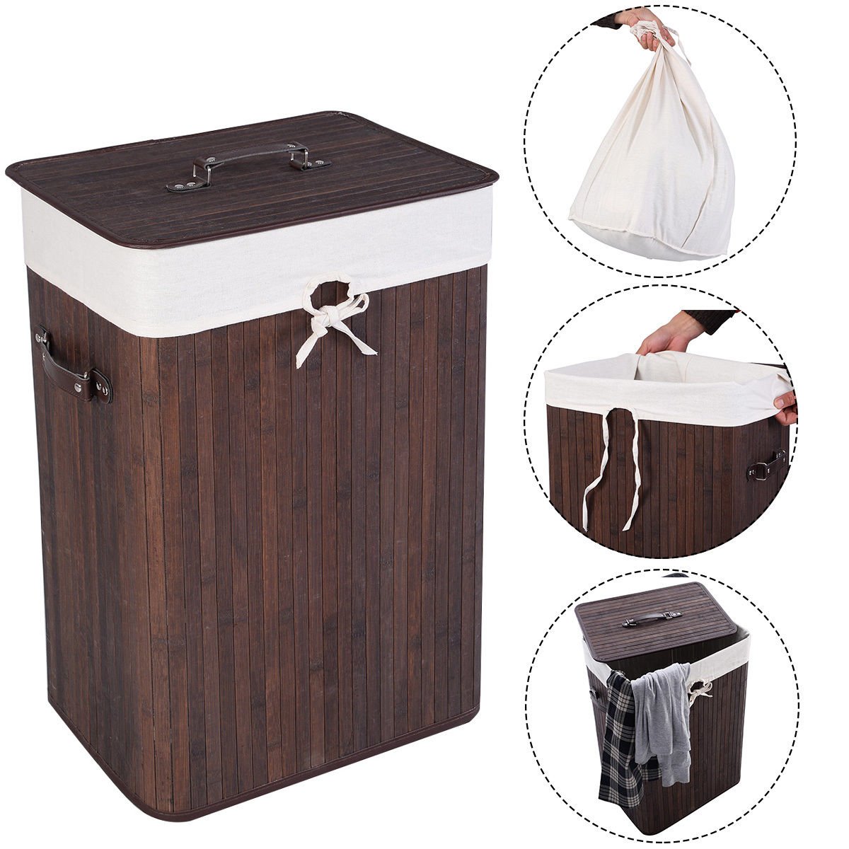 Rectangle Bamboo Hamper Laundry Basket Washing Cloth Bin Storage Bag Lid-Brown view 4