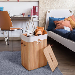 Rectangle Bamboo Hamper Laundry Basket Washing Cloth Bin Storage Bag Lid 3 color-Natural view 2