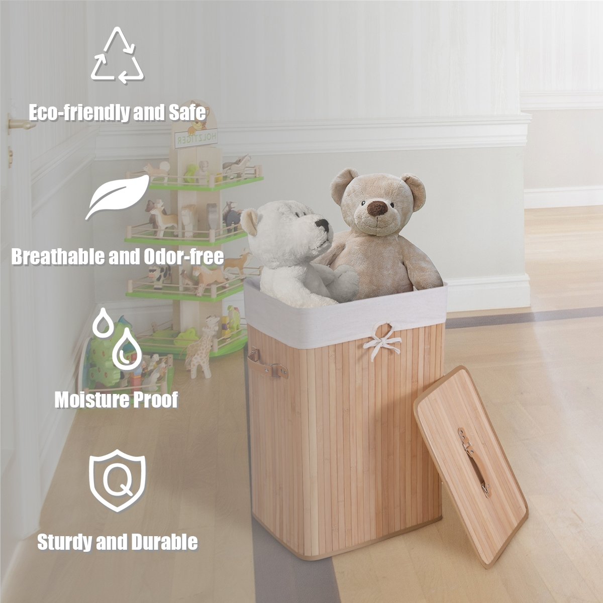Rectangle Bamboo Hamper Laundry Basket Washing Cloth Bin Storage Bag Lid 3 color-Natural view 3