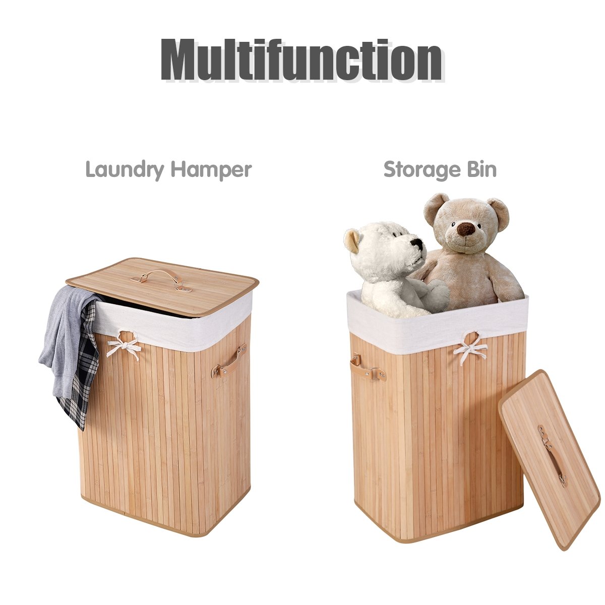Rectangle Bamboo Hamper Laundry Basket Washing Cloth Bin Storage Bag Lid 3 color-Natural view 4