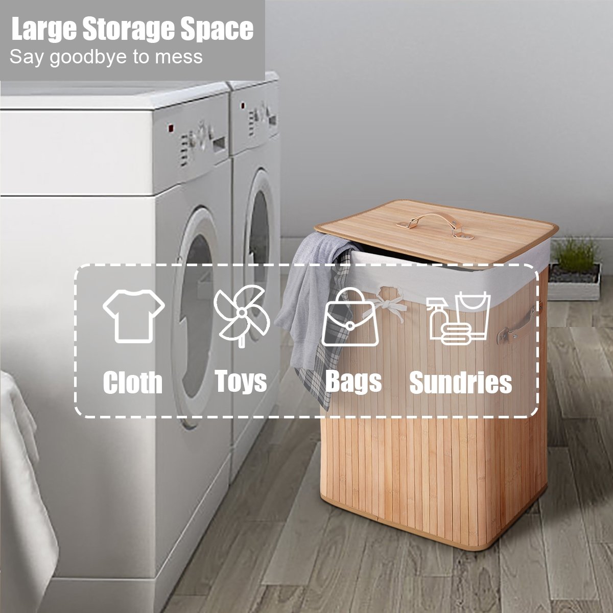 Rectangle Bamboo Hamper Laundry Basket Washing Cloth Bin Storage Bag Lid 3 color-Natural view 5