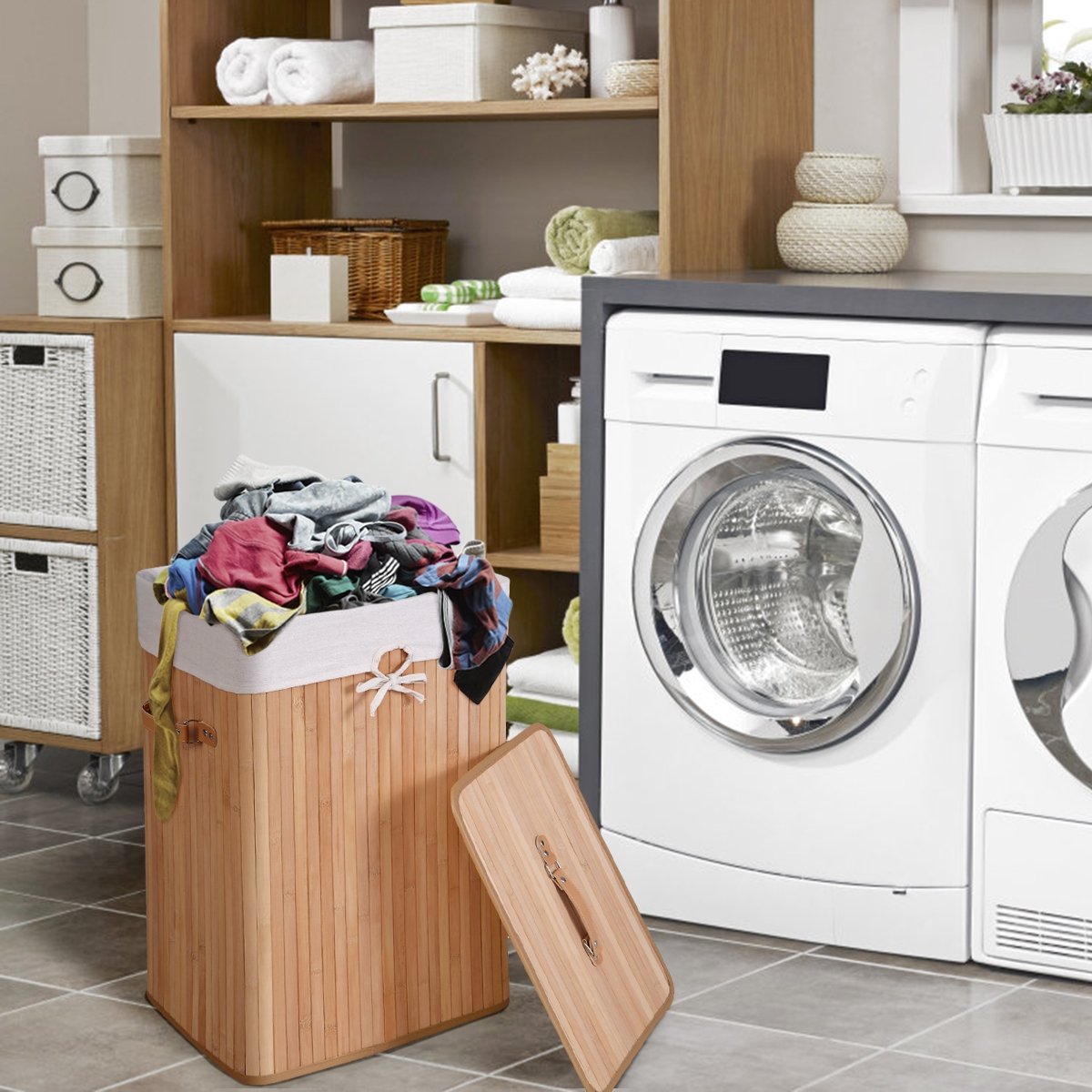 Rectangle Bamboo Hamper Laundry Basket Washing Cloth Bin Storage Bag Lid 3 color-Natural view 7