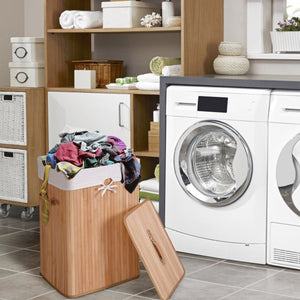 Rectangle Bamboo Hamper Laundry Basket Washing Cloth Bin Storage Bag Lid 3 color-Natural view 7