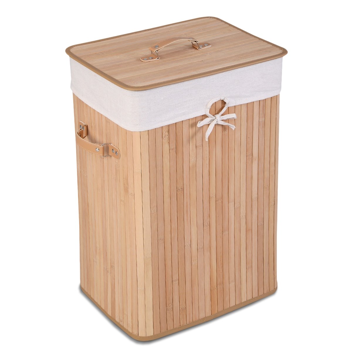 Rectangle Bamboo Hamper Laundry Basket Washing Cloth Bin Storage Bag Lid 3 color-Natural view 8