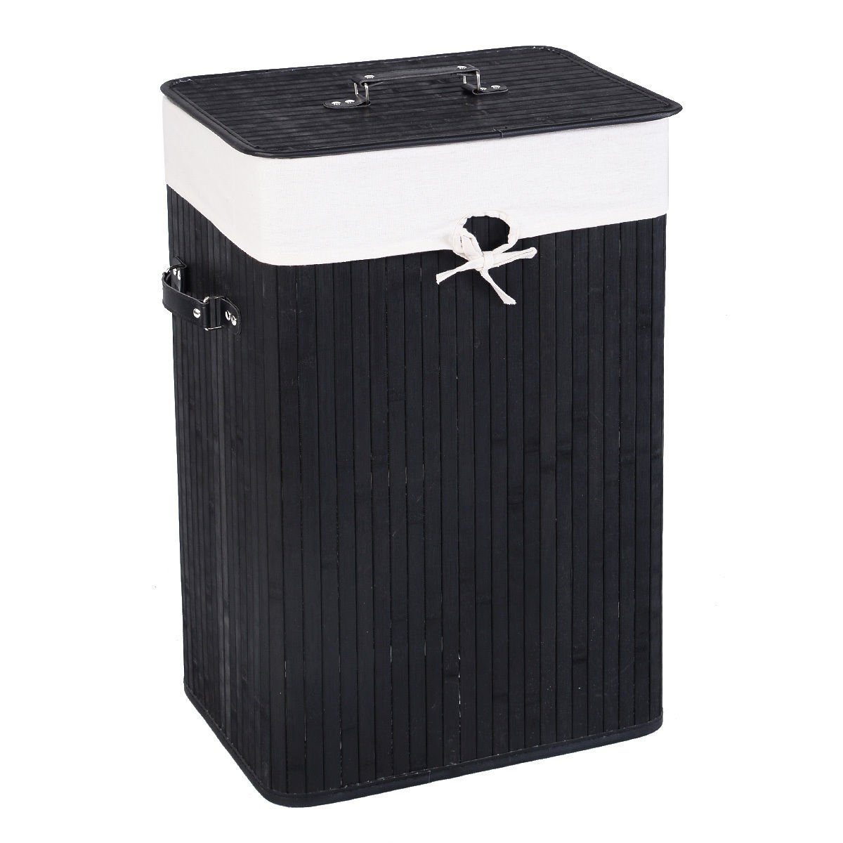 Rectangle Bamboo Hamper Laundry Basket Washing Cloth Bin Storage Bag Lid 3 color-Black view 2