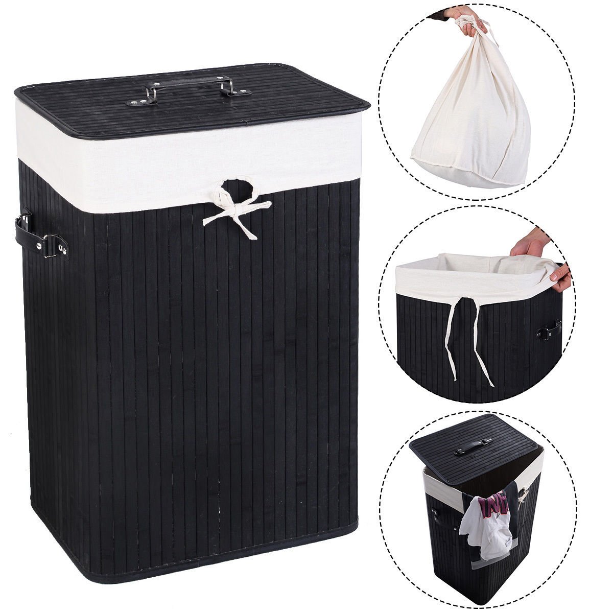 Rectangle Bamboo Hamper Laundry Basket Washing Cloth Bin Storage Bag Lid 3 color-Black view 4