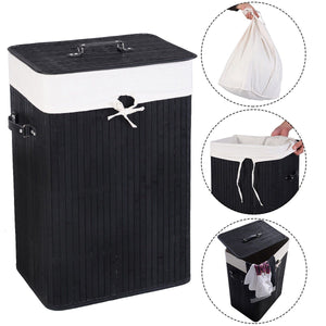 Rectangle Bamboo Hamper Laundry Basket Washing Cloth Bin Storage Bag Lid 3 color-Black view 4