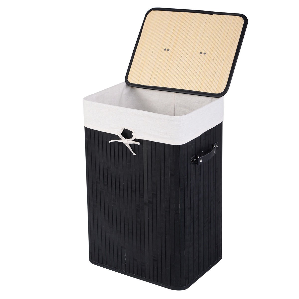 Rectangle Bamboo Hamper Laundry Basket Washing Cloth Bin Storage Bag Lid 3 color-Black view 7