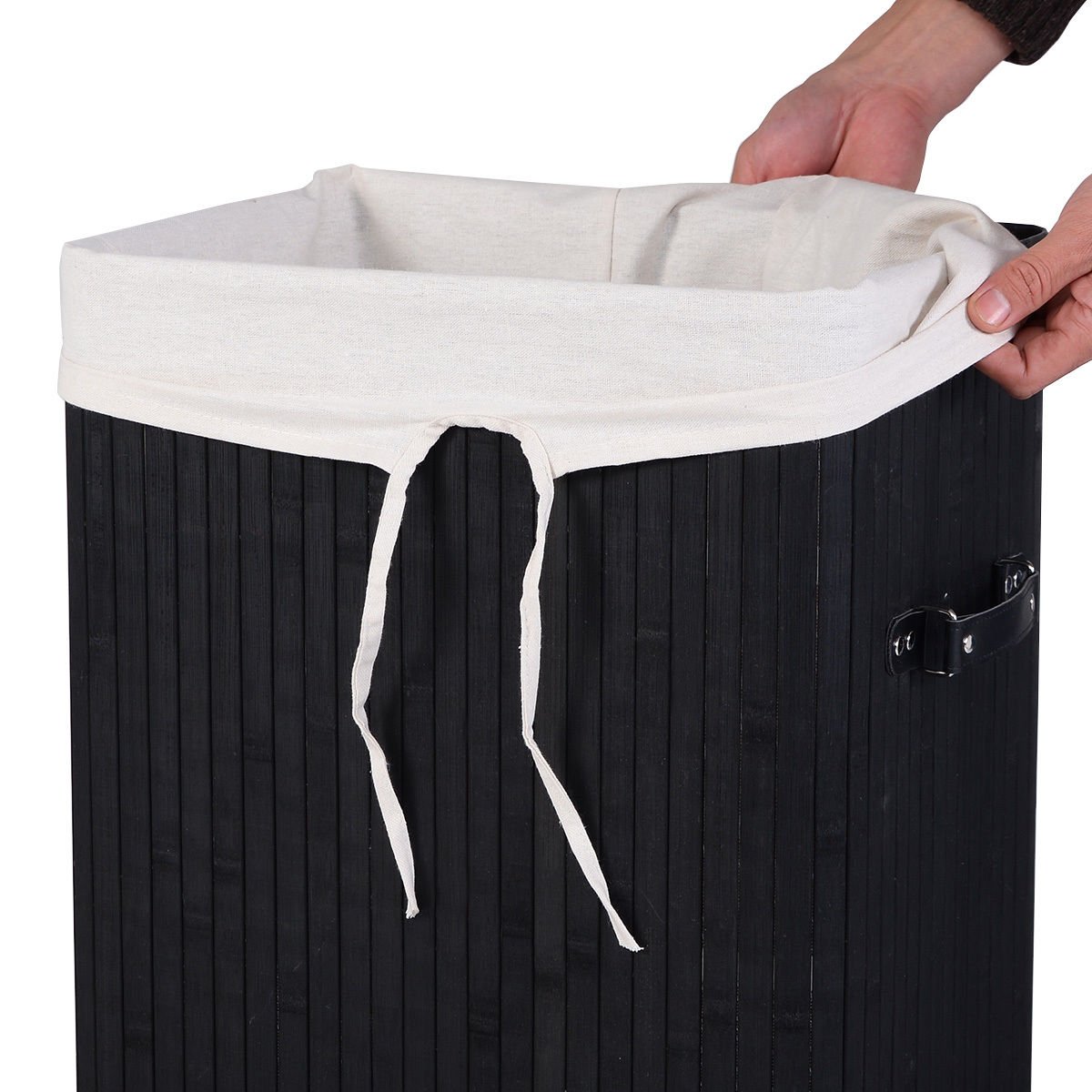 Rectangle Bamboo Hamper Laundry Basket Washing Cloth Bin Storage Bag Lid 3 color-Black view 8