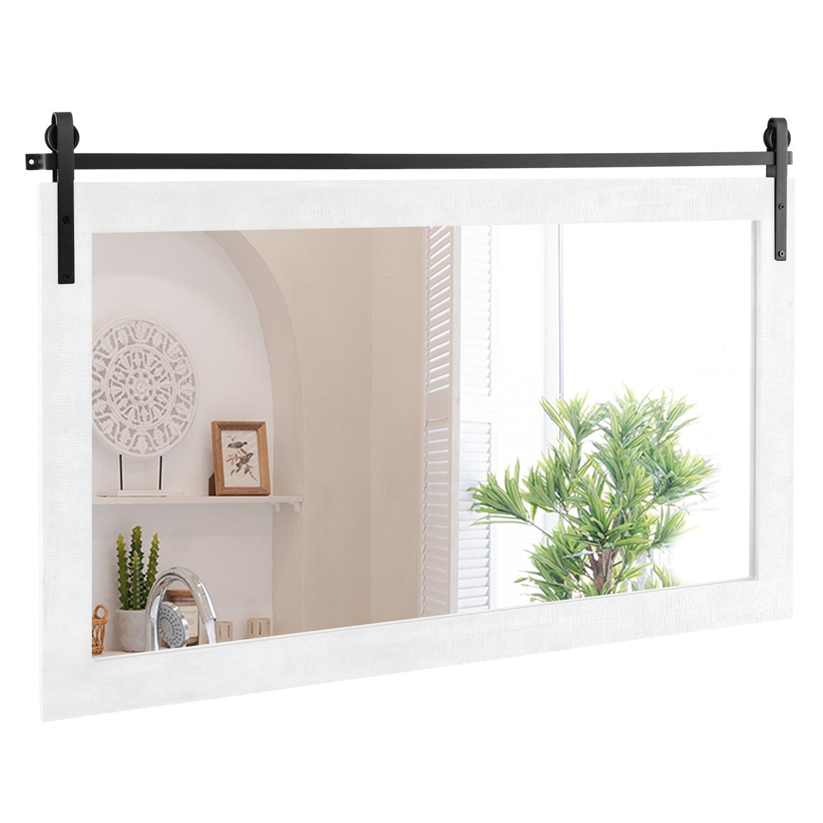Rectangle Barn Door Style Wall Mounted Mirror with Solid Wood Frame-White