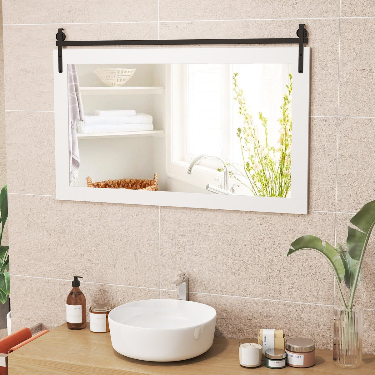 Rectangle Barn Door Style Wall Mounted Mirror with Solid Wood Frame-White view 2