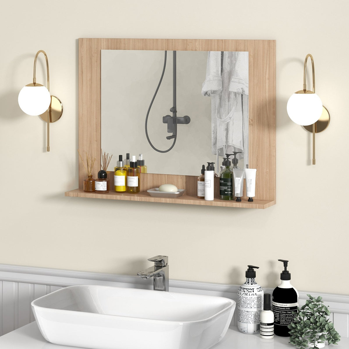 Rectangle Bathroom Mirror with Shelf 23.5 x 17.5 Inch and Wood Frame-Brown view 3
